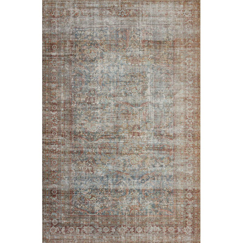 Vintage Red and Blue Synthetic 5' x 7' Area Rug
