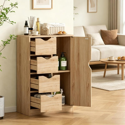 Compact Bathroom Storage, Oak Wood Cabinet, Modern Small Home Organizer