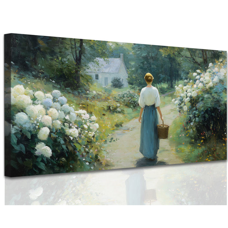 Dinan Farmhouse Style Prints, Blue Floral Pictures Rustic Botanical Painting Serene Countryside Pathway Canvas Wall Decor Artwork for Bedroom Bathroom Entryway, 24x48 inches