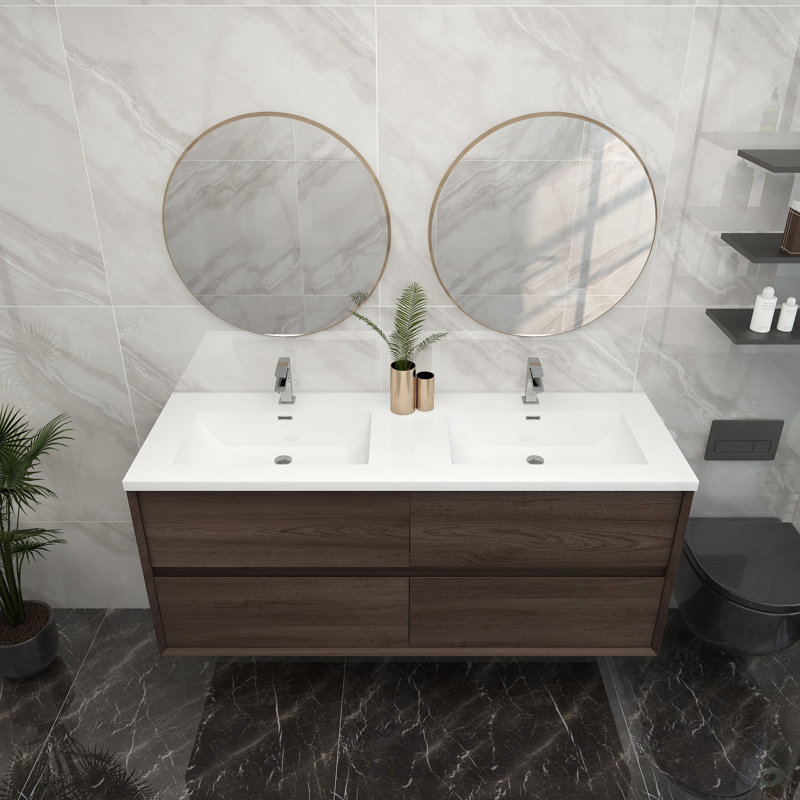 60'' Double Bathroom Vanity with Acrylic Top, Red Oak