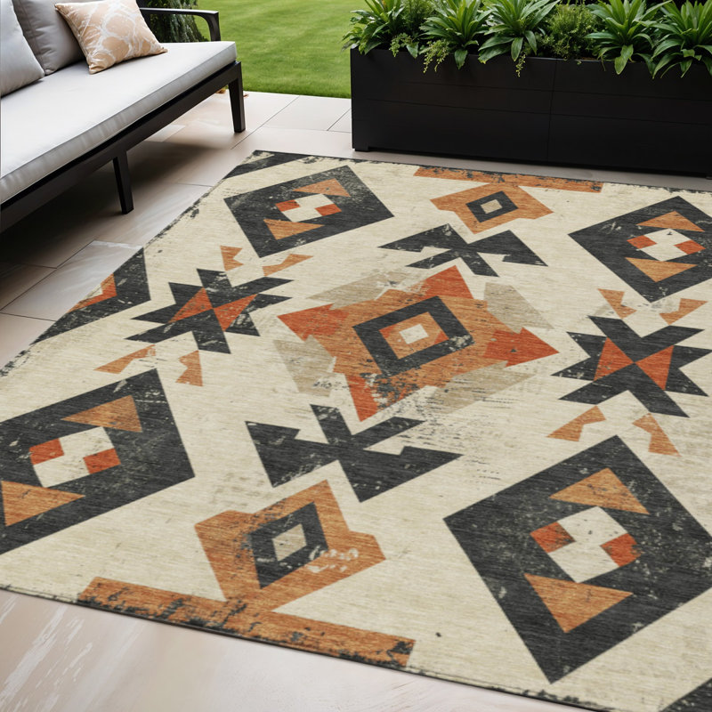 Tapis intérieur/extérieur lavable, 152 x 244 cm, ivoire, orange et anthracite, motif aztèque