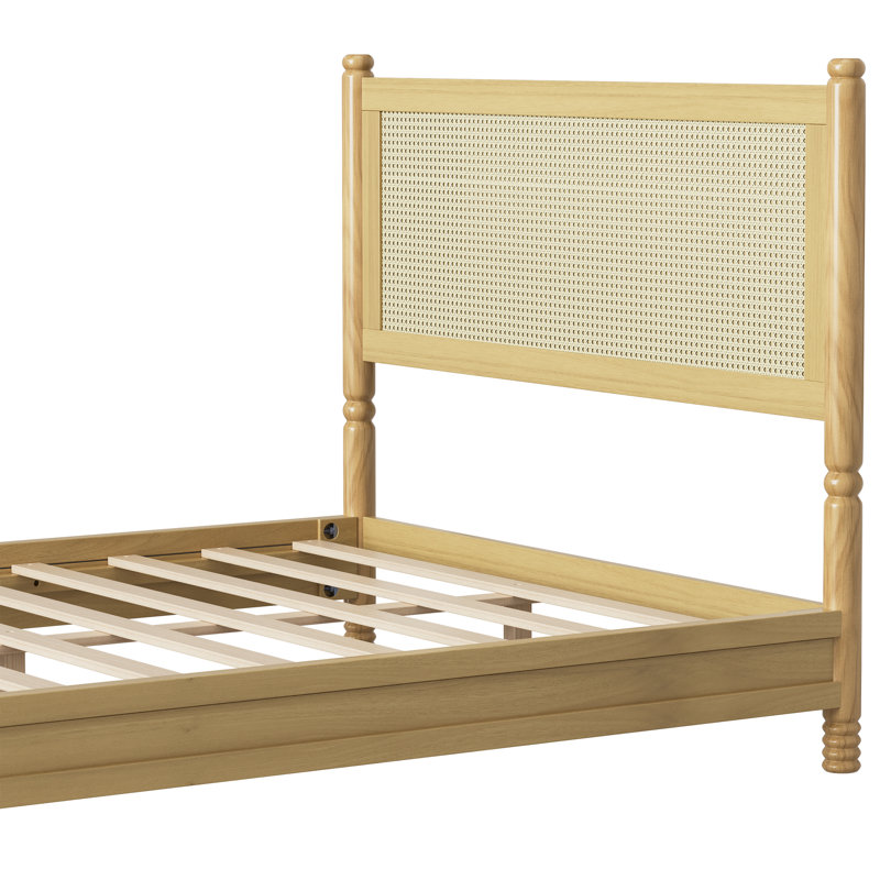 Cadre de lit plateforme en bois de style bohème avec tête et pied de lit en rotin tressé, Full, Natural