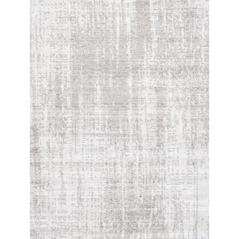 Tapis taupe / ivoire rectangulaire en laine, coton et viscose fait à la main