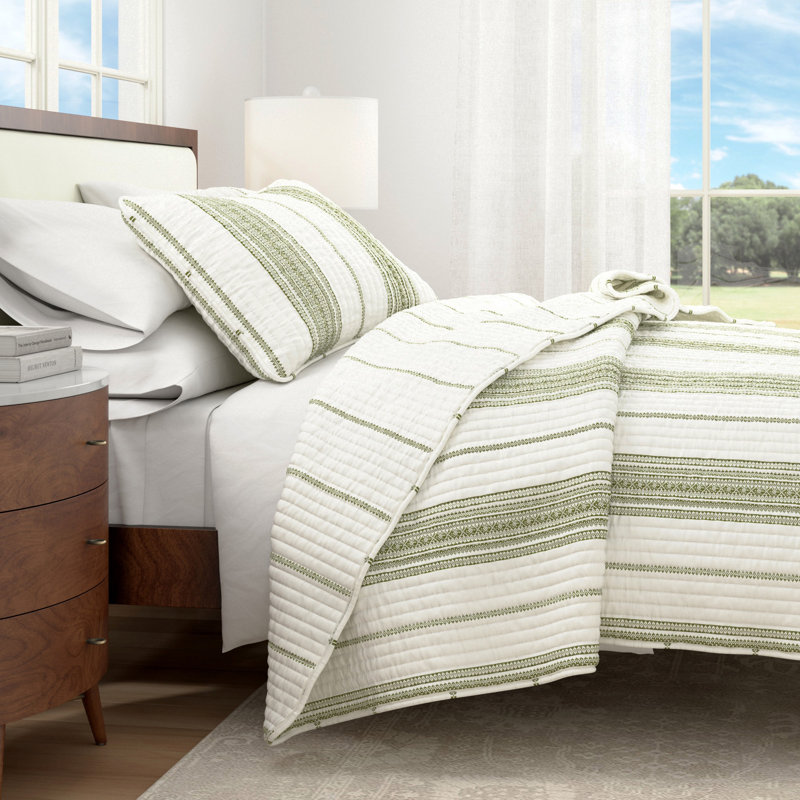 Ensemble de courtepointe réversible rayé de style campagnard avec taies décoratives, Blanc / vert
