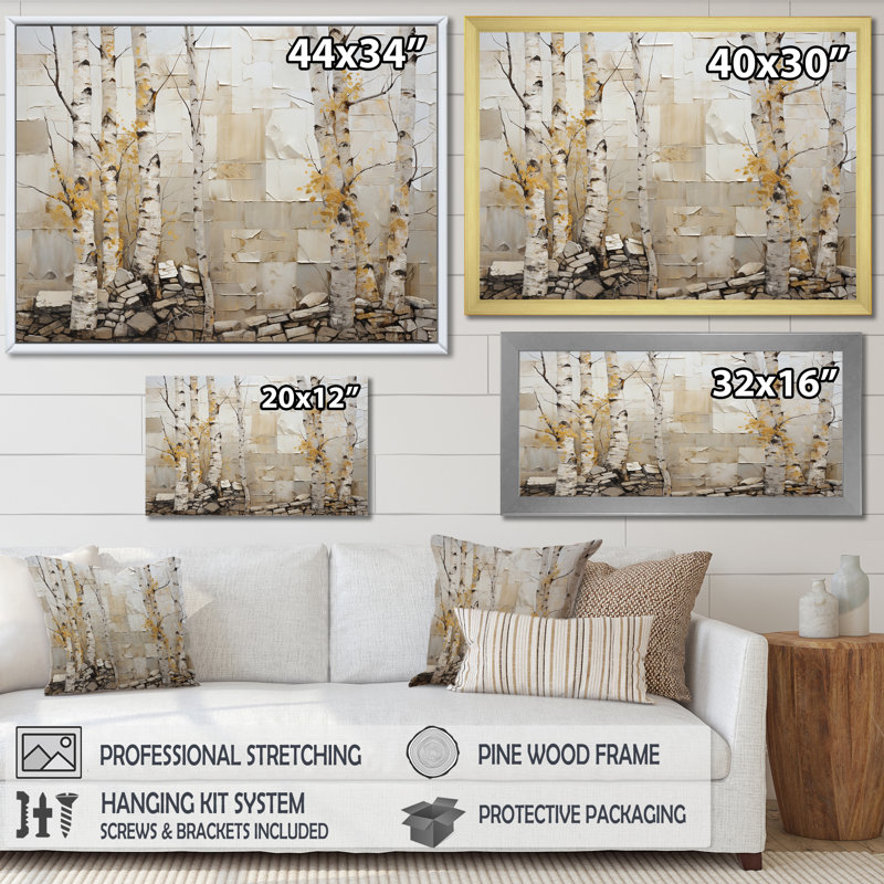 Art sur toile de bouleau beige et jaune, Toile tendue, H 16 po x l 32 po x P 1 po