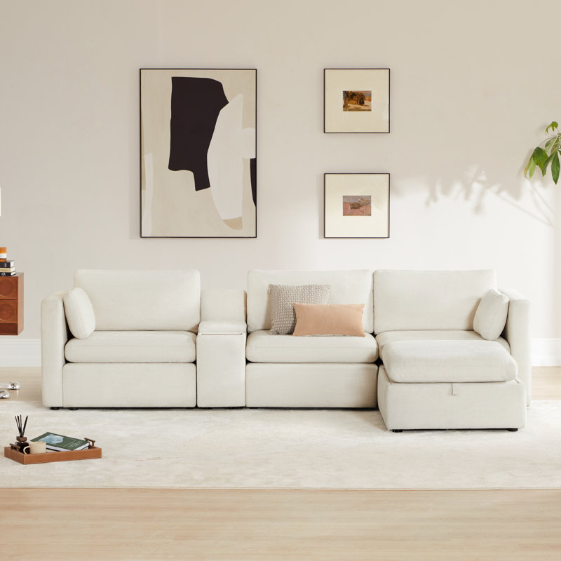 Winfree 4- Piece Upholstered Sectional With Console, Linen Polyester