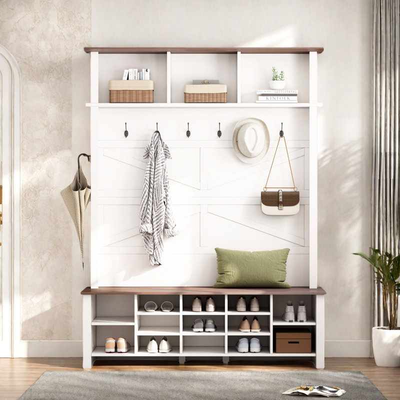 Farmhouse 4-in-1 Hall Tree With 6 Hooks, Entryway Bench With Adjustable Shelves, 16 Open Compartments And A Side Umbrella Rack