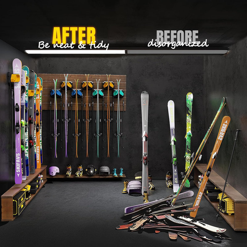 Support mural pour skis et planches à neige pour garage - s'adapte à n'importe quel ski / planche, rangement sans dommages, jaune, paquet de 6