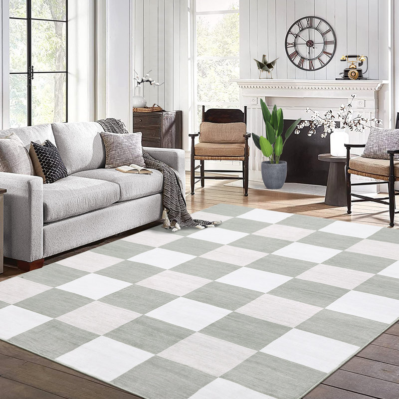 Modern Area Rugs 5x7 Non-Slip Plaid Print Accent Carpet, Stain-Resistant Low Pile Floor Cover, Washable Contemporary Indoor Mat, Easy Cleaning, for Bedroom, Living Room, Office, Grey