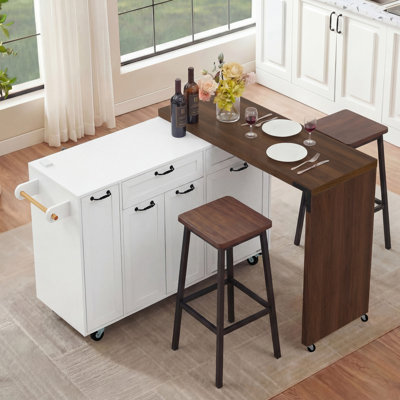 Îlot de cuisine 102,3 po avec table de salle à manger extensible, chariot de cuisine avec armoire de rangement pour poubelles, étagère à épices coulissante à 3 niveaux