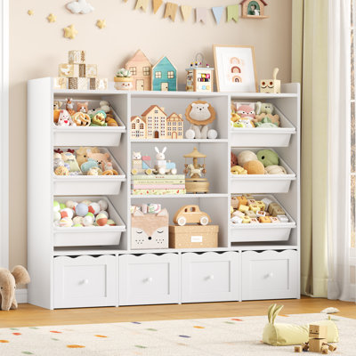 55"W x 48"H Multi-Functional Kids Organizer: 4-Drawer Toy Storage & Bookshelf with 6 Removable Bins