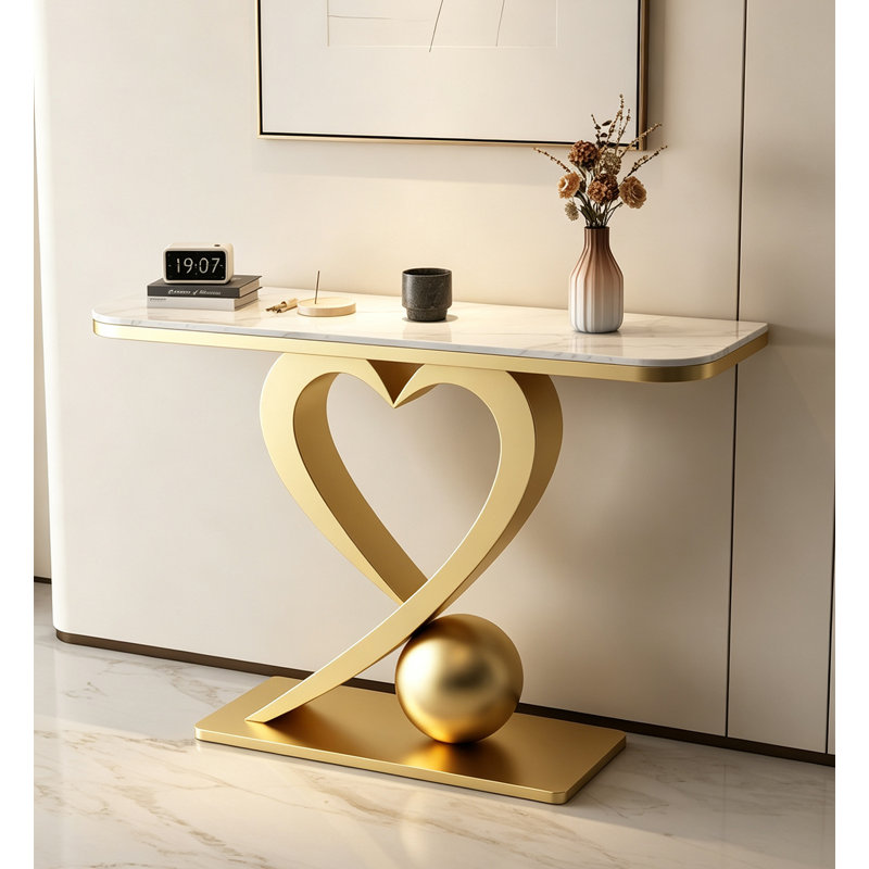 Console en marbre fritté en marbre avec structure en forme de cœur et base sphérique, H 33,46 po x l 39,37 po x P 11,81 po