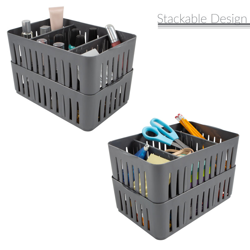 Simplify Medium Gray Stackable Plastic Organizer Baskets with Adjustable Dividers (Set of 4)