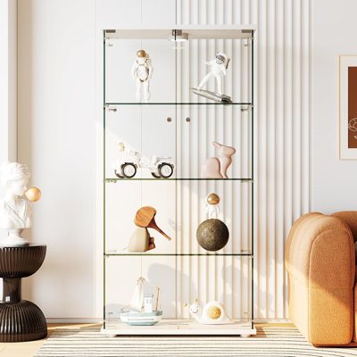 Glass Display Cabinet with LED Light, Tempered Glass Curio Cabinet with 4 Shelves and Lock for Living Room, Bedroom, or Office
