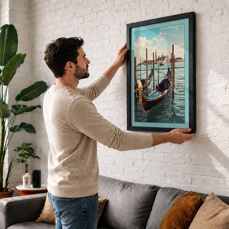 Venetian Gondolas at Rest Coastal - Framed Print, A1 - 84.1 x 59.4 cm, White