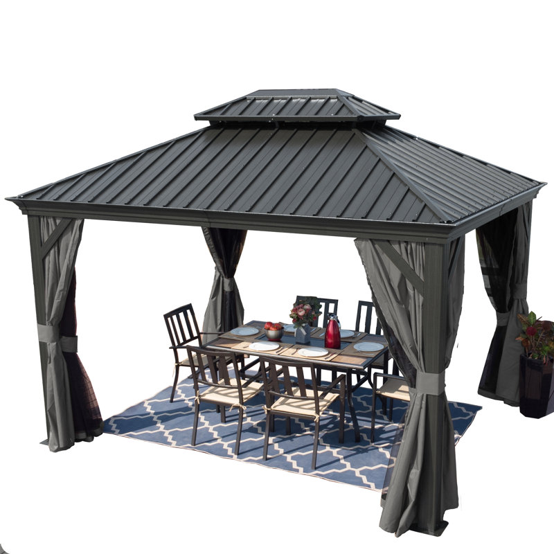 Kozyard Alexander Gray Double Roof Hardtop Gazebo with Privacy Curtain Mosquito Netting, 12 (ft) x 10 (ft)