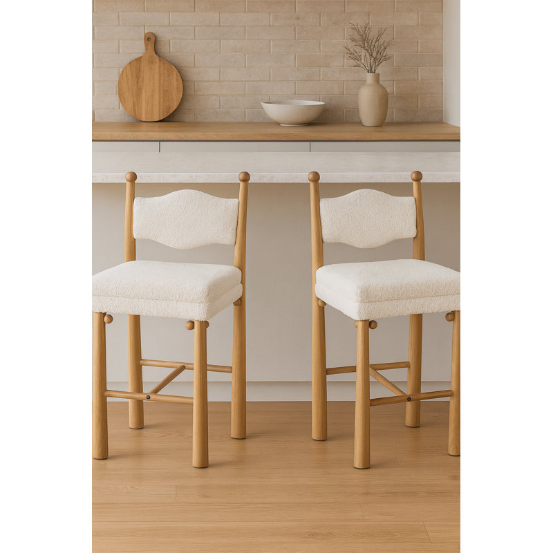 Stewart 2pc Counter Stool, Teddy White Bouclé, Natural