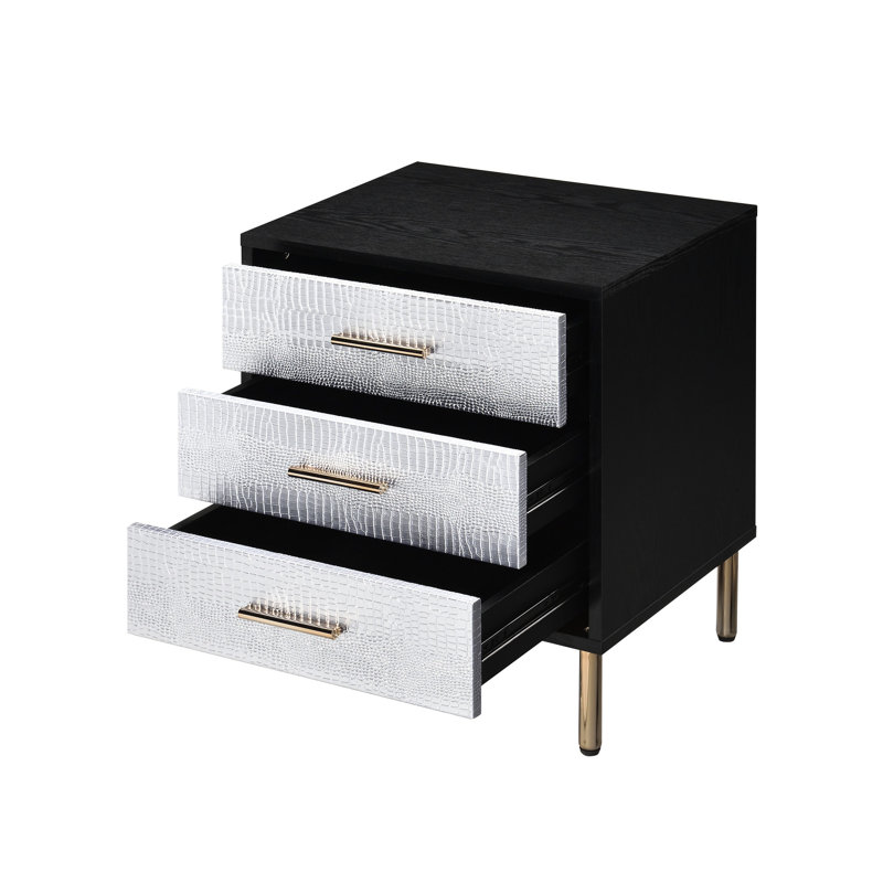 Nightstand In Black, Silver & Gold With Metal Structure Construction And Ample Storage Space