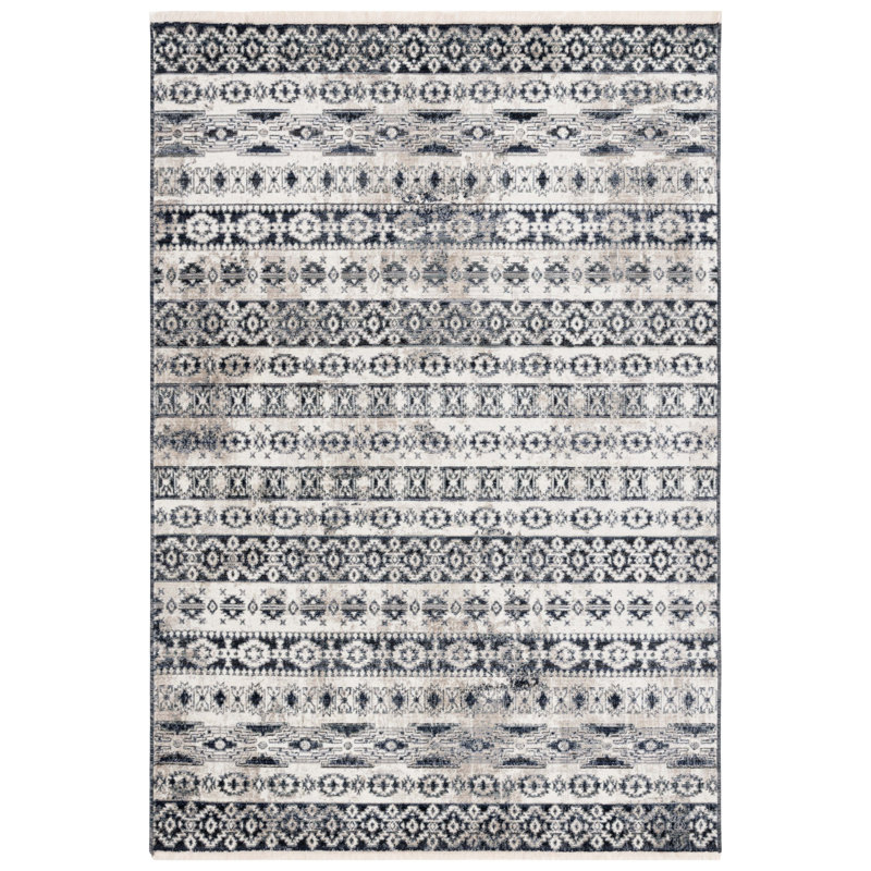 Tapis rétro ivoire / noir Vintage Persian 660, Rectangle 5 pi 3 po x 7 pi 7 po