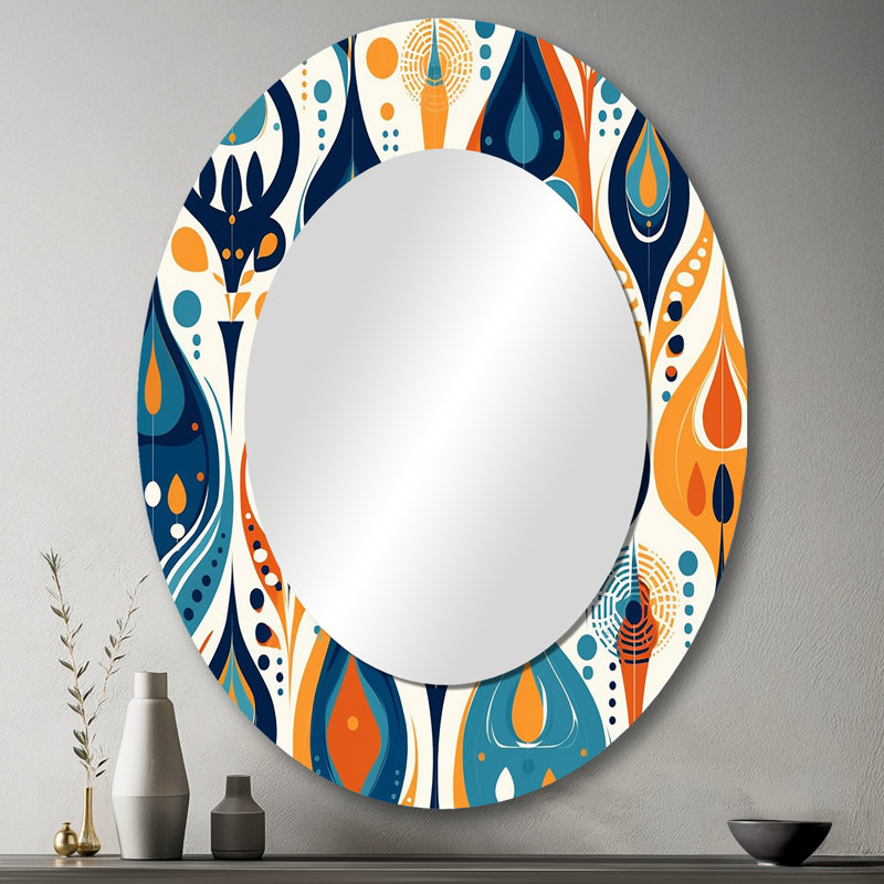 Symphonie botanique orange et bleue II - miroir unique abstrait, grand miroir mural moderne, impression d'art en métal, Ovale
