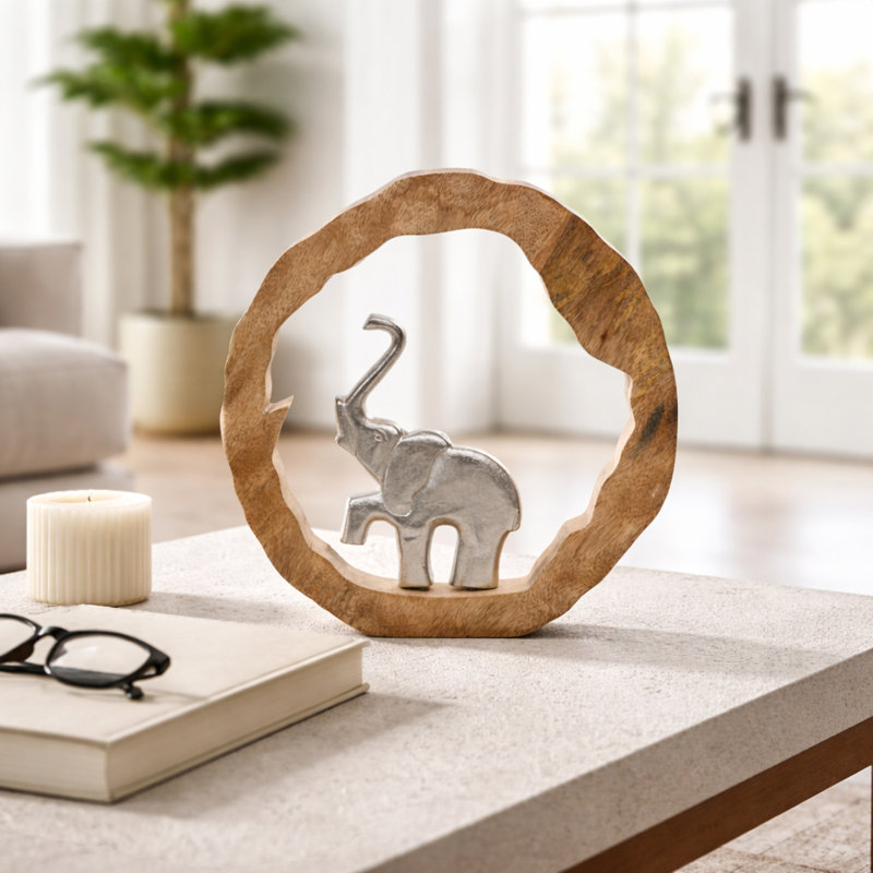 Decorative Figurine On Round Wooden Sculpture For Home Decor - Statue For Bedroom Styling, Shelf Accent, Or Living Room Decoration - Brown & Silver