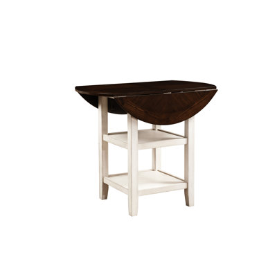 Table rabattable à hauteur de comptoir à abattants, finition 2 tons, blanc délavé et cerisier foncé, 2 tablettes inférieures, feuille, 4 tablettes