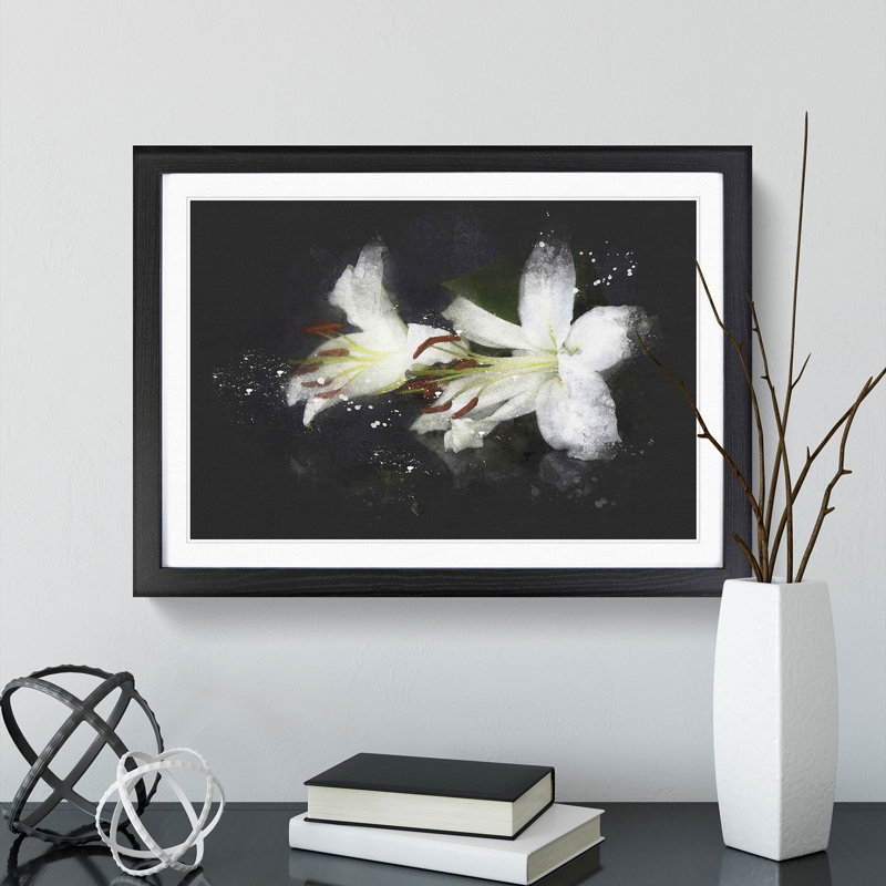 White Lily Flowers - Picture Frame Graphic Art, Black Framed, 65cm H x 90cm W x 2cm D