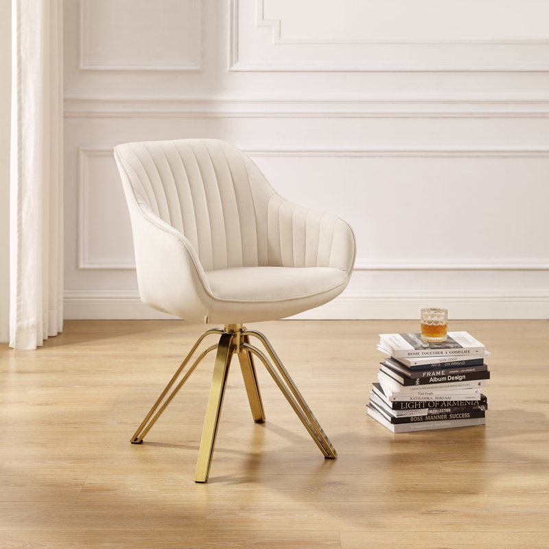 Brilliana Velvet Swivel Accent Chair, Off White Velvet, Golden