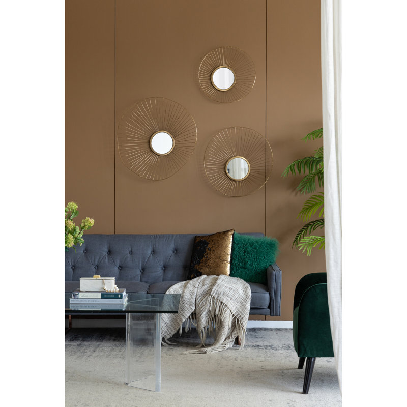3 miroirs muraux avec cadre doré et style abstrait pour la maison et le bureau