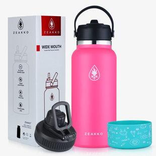 Water Bottle Insulated 32Oz Straw Lid Spout Lid & 2 Lids, Leak Proof, Vacuum Insulated,  BPA-Free Keep Cold 24H Hot 12H Pink