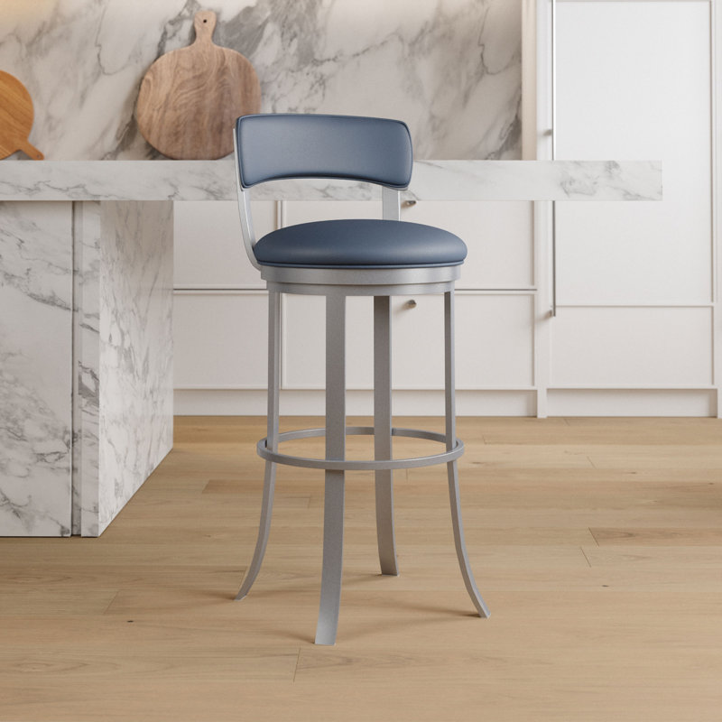 Swivel Upholstered Counter Stool with Metal Frame, Bar Stool (30" Seat Height), Midnight Blue, Lustrous Siver White