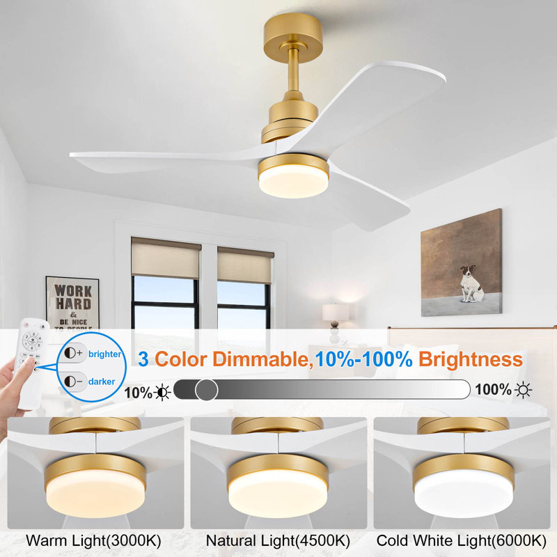 Hot Ventilateur de plafond moderne avec 3 pales en bois massif, télécommande et moteur à courant continu avec DEL à intensité variable