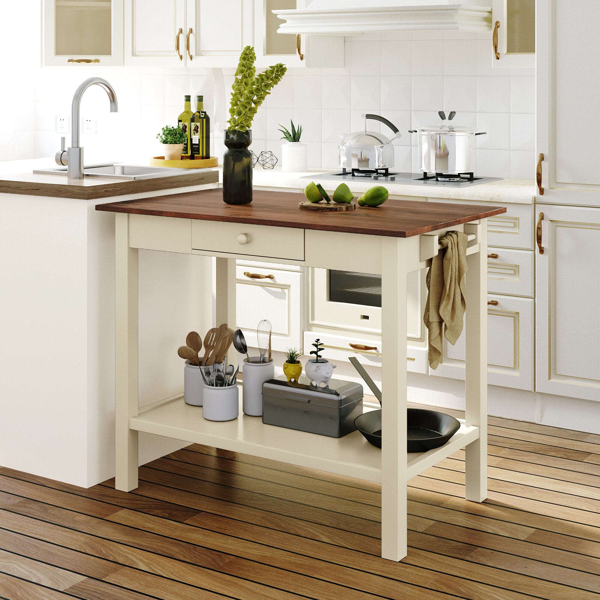 Behling Solid Butcher Block Kitchen Island with Baskets and Storage Shelf