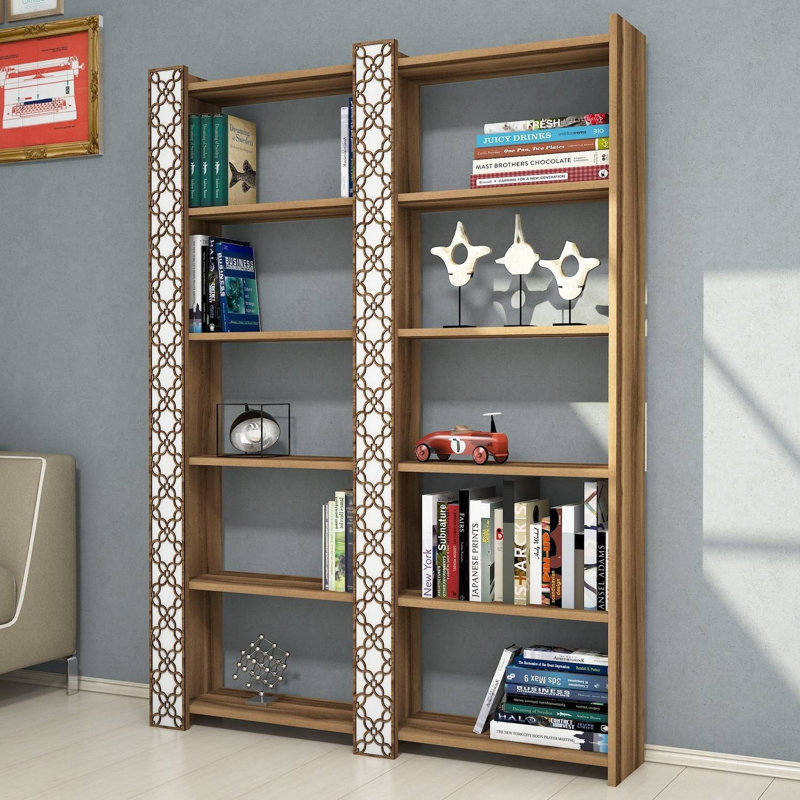 Elegant Walnut & White Bookshelf, 49.2 x 66.9 x 9.5 inches | 100% Melamine Coated Particle Board, 0.71 inch Thickness | Features Numerous Shelves, Wall-Mountable, Holds Up to 132 lbs | Modern Geometric Design for Home & Office