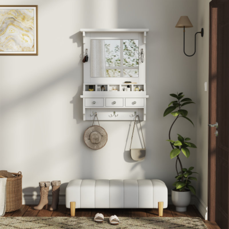 Wall-Mounted Floating Vanity With LED Mirror - Space-Saving Makeup Station With Drawers & Hooks - Decorative Storage Organizer For Small Bathrooms & Bedrooms