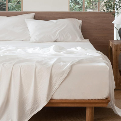 MooMee Sheet Set Extra Deep Pocket 100% Washed Cotton Linen Like Textured Lightweight Breathable