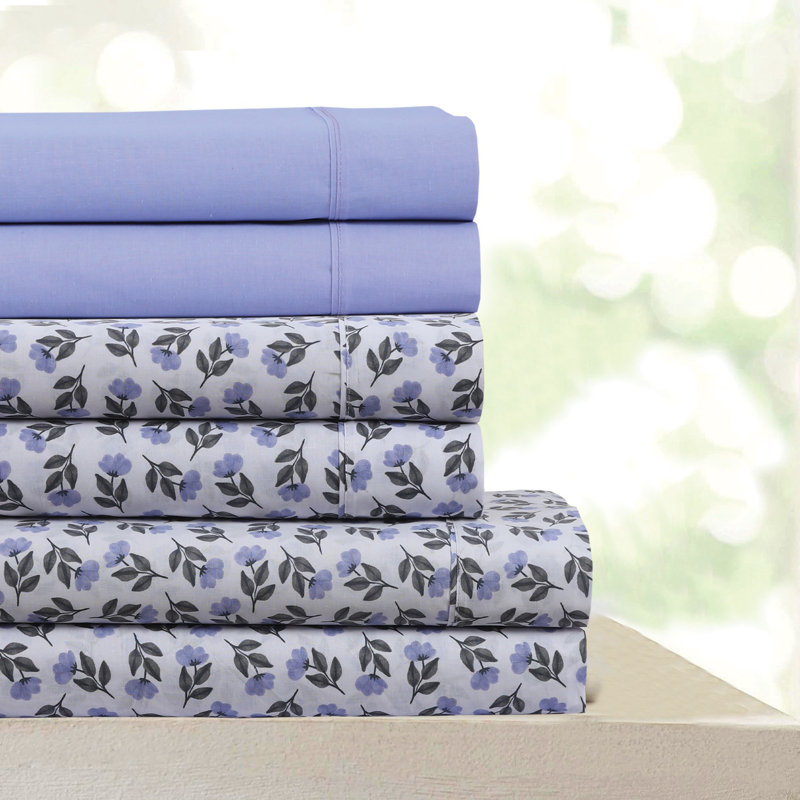 600 Thread Count Floral Cotton Quality Sheet Set, Drap-housse pour grand lit avec 4 taies d'oreiller