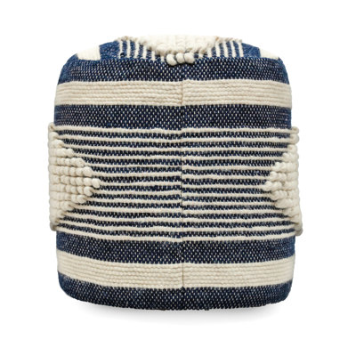 Handmade Fabric Pouf - White And Dark Blue, Wool Cotton Build, 16"X16"X16", 250Lb Capacity, Spot Clean, Beads Filled Cylindrical In & Handcrafted With Cotton, Bead Filling