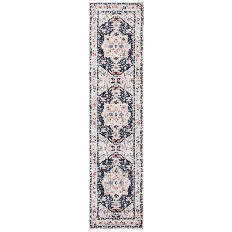 Tapis oriental en polypropylène tissé à la machine en beige / bleu marine, Tapis de couloir 2 pi 2 po x 9 pi