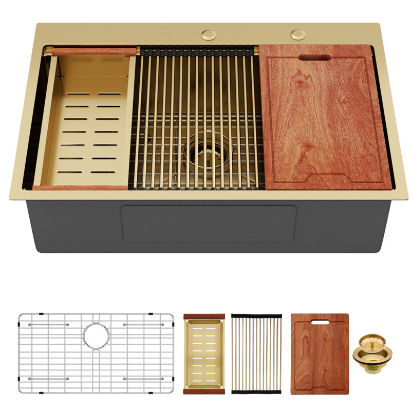 Évier de cuisine encastré en acier inoxydable 33 po T304 de calibre 16 de 33 po, poste de travail avec fonction de rail, débit d'eau doux, revêtement de réduction du bruit, grille d'évier et ensemble de drain en acier 33 * 22 po