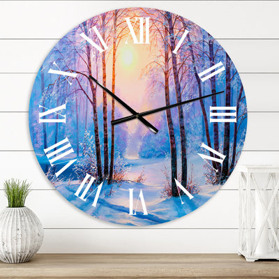 Warm Sunshine Reflection Over Winter Forest River III - Farmhouse wall clock