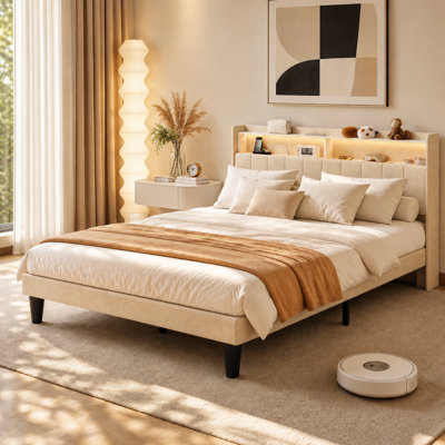 Modern Upholstered Storage Platform Bed Frame with LED Light & Charging Station, Soft Padded Headboard, Wooden Slat Support