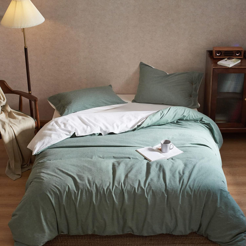 Ensemble de housse de couette réversible en coton délavé 3 pièces, Housse de couette grand et 2 taies d'oreiller, Vert