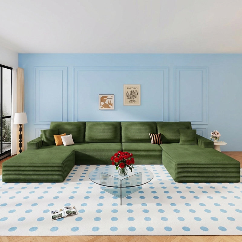 Canapé modulaire Boneless de 4 pièces avec canapé-lit Boneless, Velours côtelé vert, Orienté à droite