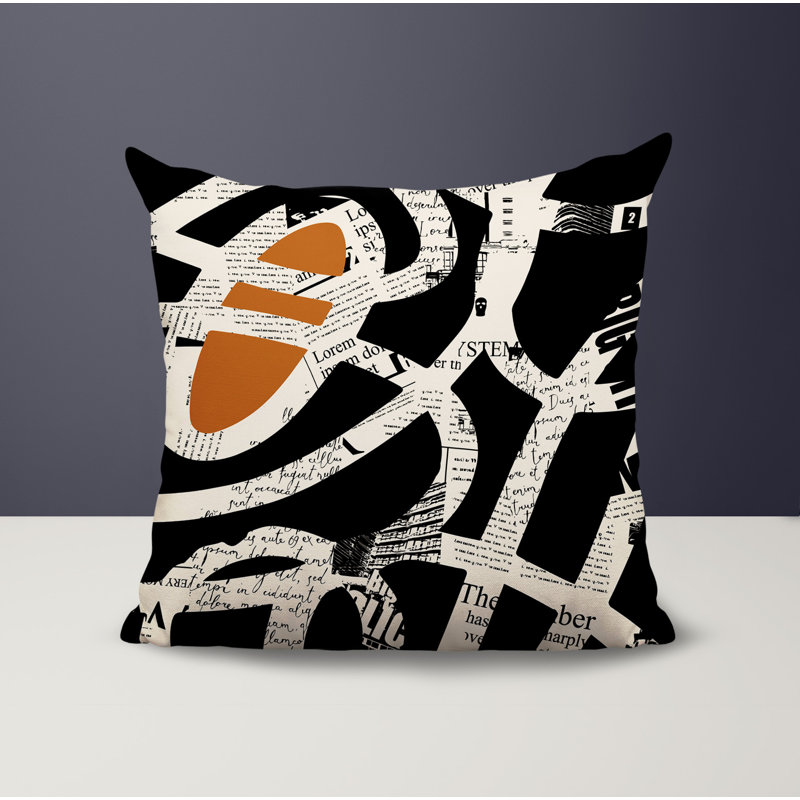 Oreiller carré réversible intérieur / extérieur Kaya, H 19 po x l 19 po, Orange brûlé / noir / blanc cassé abstrait