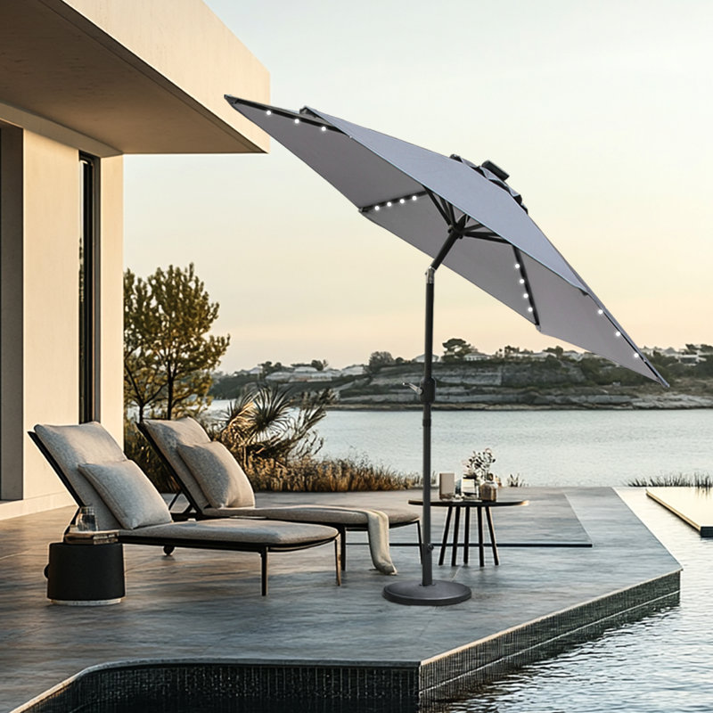 2.5M Round Garden Parasol Solar LED Lights Umbrella Tilt Crank with Base, Grey