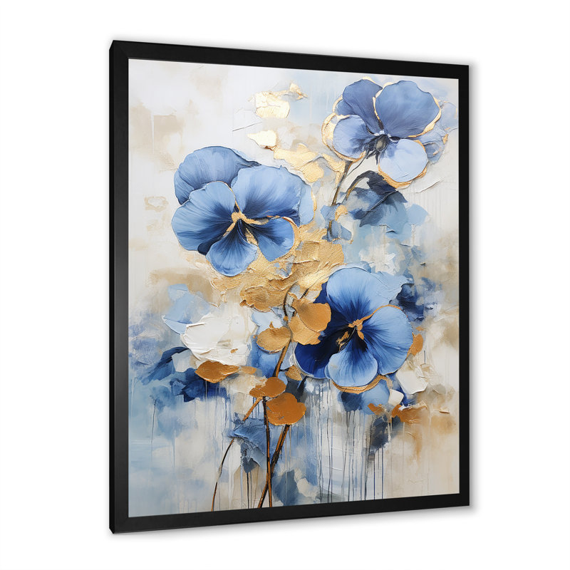 Bleu et or Minimalisme Pansy Radiance Bouquet II, Cadre simple noir, H 20 po x l 12 po x P 1 po