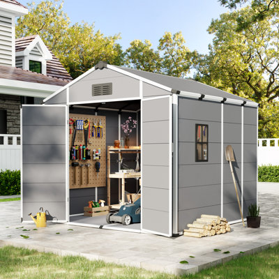 8 x 8 FT Resin Storage Shed, Steel‑Reinforced Waterproof Outdoor Sheds with Floor & Weather-Resistant Sloped Roof, Outside Plastic Tool Shed for Backyard Patio Poolside Lawn
