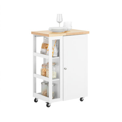 Kitchen Cart on Wheels with Rubber Wood Worktop, Storage Cabinet & Side Rack – White Mobile Kitchen Island 23.6"W x 15.7"D x 35.4"H