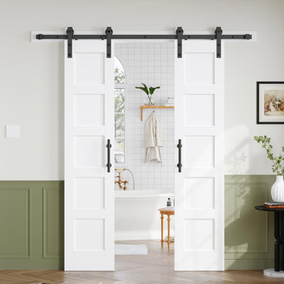 5-Panel Manufactured Wood Double Barn Door with Installation Hardware Kit